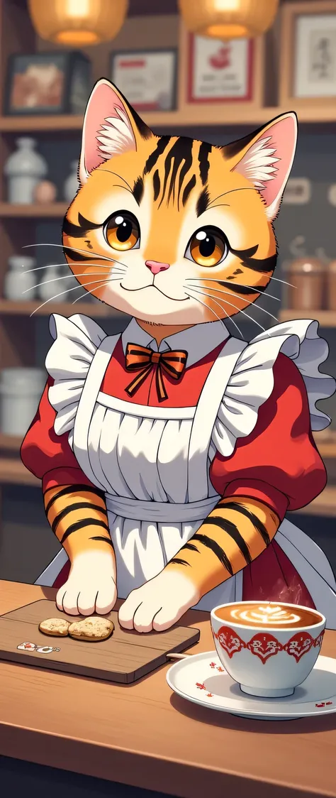 high resolution images in front of the teacher,print style、The cat's maid、wears white and red maid clothes、striped tiger cat。Working at a maid cafe
