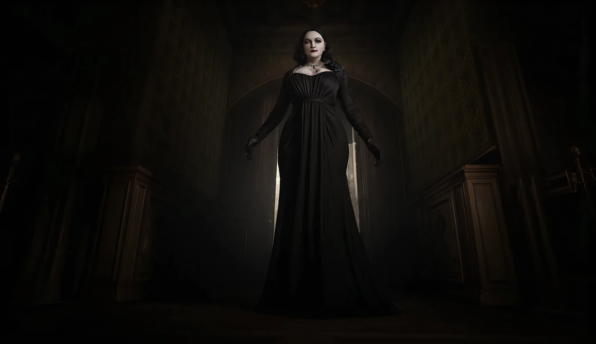Alcina Dimitrescu, Black hat, dress, huge breasts, cleavage, standing in dark hallway, surreal horror, high detail ,masterpiece.