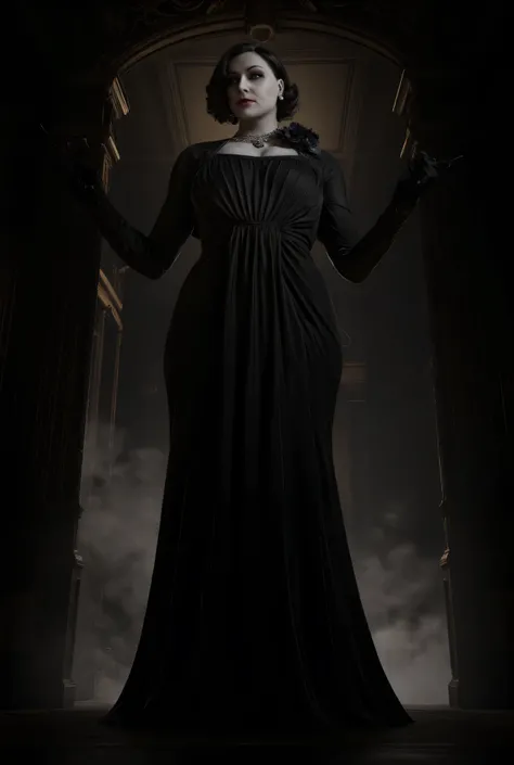 Alcina Dimitrescu, Black hat, dress, huge breasts, cleavage, standing in dark hallway, surreal horror, high detail ,masterpiece.