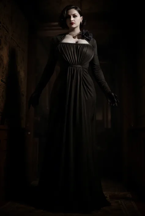 Alcina Dimitrescu, Black hat, dress, huge breasts, cleavage, standing in dark hallway, surreal horror, high detail ,masterpiece.