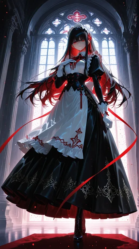 Place your hand on the chest of the mansion　Beautiful long skirt　Maid　Doya face　Full Body　high angle　black hair straight long　white headband　red ribbon from below　noble　Elegance　I'm angry with a good posture　low angle　transcendental beauty　Red eyes　inner c...