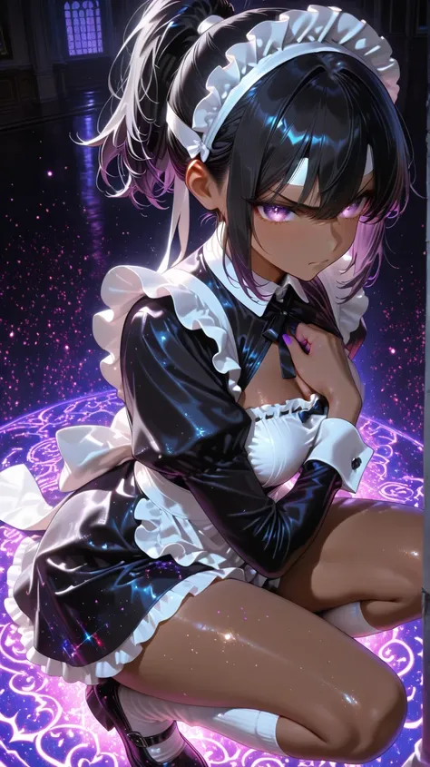 Place your hand on the chest of the mansion　　Maid　brown skin　　high angle　black hair ponytail　white headband　　Cute and angry with good posture　　　inner color purple　Particles of Light　lots of glitter effects　blur background　White Knee Socks　thighs　squatting