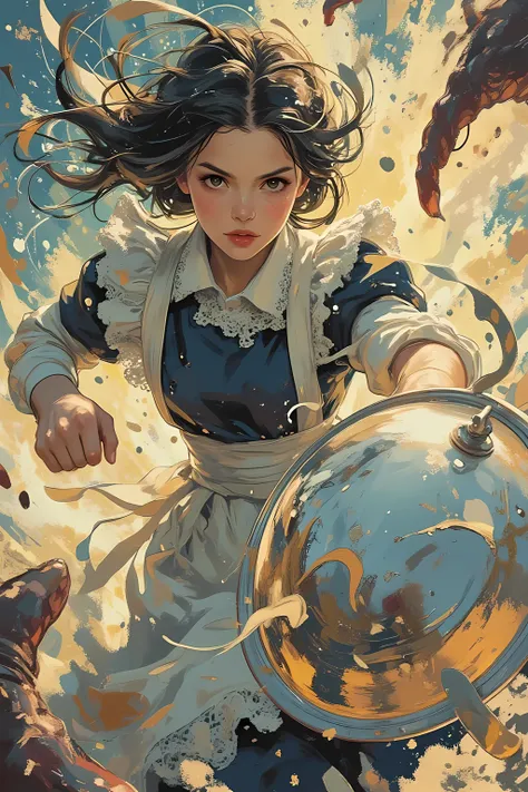 acrylic paint style, dynamic close-up of a determined classic Victorian maid mid-motion, lunging forward with flowing silver and indigo frilled dress and lace apron swirling dramatically, hands gripping a polished silver tray like a shield or weapon, motio...