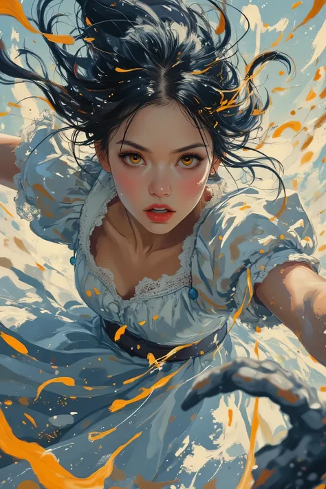 acrylic paint style, dynamic close-up of a determined classic Victorian maid mid-motion, lunging forward with flowing silver and indigo frilled dress and lace apron swirling dramatically, hands gripping a polished silver tray like a shield or weapon, motio...