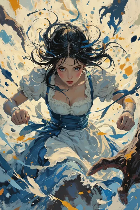 acrylic paint style, dynamic close-up of a determined classic Victorian maid mid-motion, lunging forward with flowing silver and indigo frilled dress and lace apron swirling dramatically, hands gripping a polished silver tray like a shield or weapon, motio...
