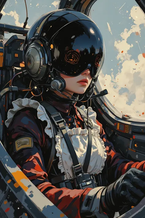 acrylic paint style, intense close-up of a classic Victorian maid wearing a sleek black full-face pilot helmet with the visor fully down, completely obscuring the eyes, sitting inside the cockpit of a futuristic fighter jet, hands gripping the controls wit...