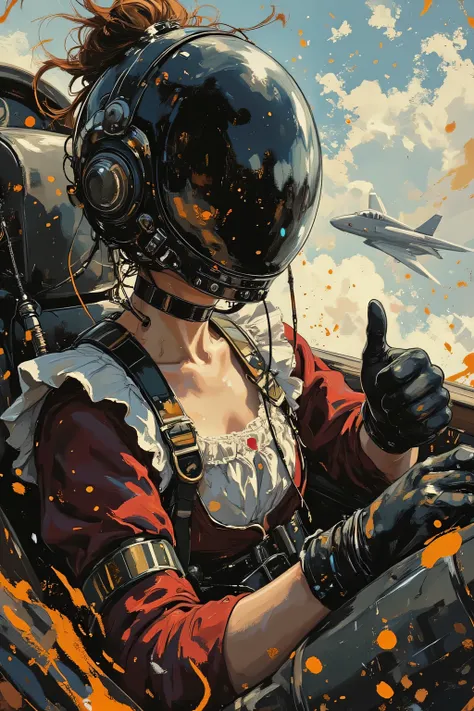 acrylic paint style, dynamic mid-shot of a classic Victorian maid wearing a sleek black full-face pilot helmet with visor down, eyes completely hidden, sitting confidently in the rear seat of a tandem fighter jet cockpit, one hand casually resting on a glo...