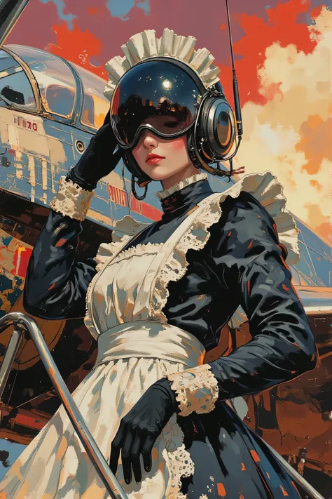 acrylic paint style, full body shot of a classic Victorian maid wearing a sleek black full-face pilot helmet with visor down, eyes completely hidden, standing confidently on the boarding ladder of a sleek fighter jet painted in elegant maid-themed design: ...