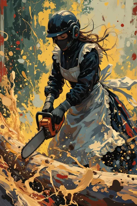 acrylic paint style, dynamic mid-shot of a classic Victorian maid wearing a sleek black full-face safety helmet with visor down, dressed in a flowing black and silver frilly maid dress with delicate lace apron, gripping a large industrial chainsaw mid-swin...