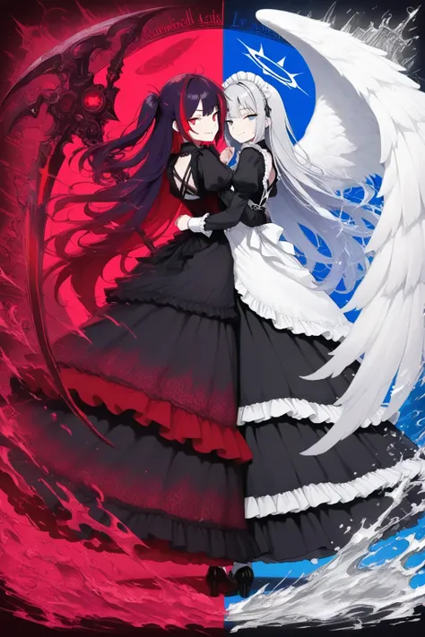 graphic art style, striking full body shot of a classic Victorian maid with long flowing hair, wearing an elegant black and silver frilly maid dress with delicate lace apron, standing gracefully with hands gently folded, one side of her back adorned with a...