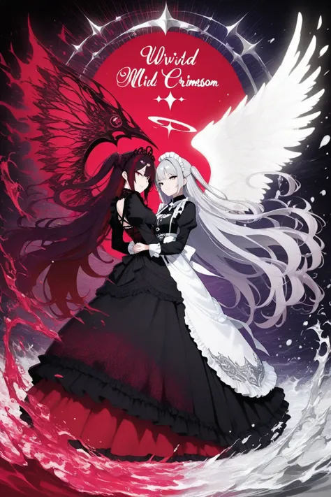 graphic art style, striking full body shot of a classic Victorian maid with long flowing hair, wearing an elegant black and silver frilly maid dress with delicate lace apron, standing gracefully with hands gently folded, one side of her back adorned with a...