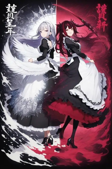 graphic art style, striking full body shot of a classic Victorian maid with long flowing hair, wearing an elegant black and silver frilly maid dress with delicate lace apron, standing gracefully with hands gently folded, one side of her back adorned with a...