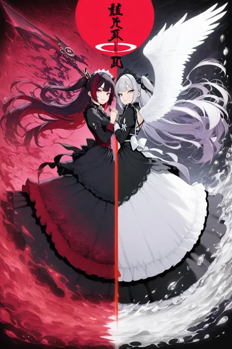 graphic art style, striking full body shot of a classic Victorian maid with long flowing hair, wearing an elegant black and silver frilly maid dress with delicate lace apron, standing gracefully with hands gently folded, one side of her back adorned with a...