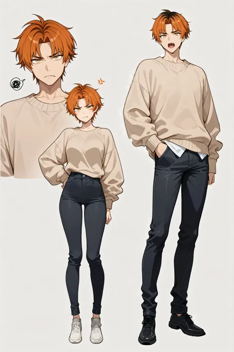 man, screaming, standing, looking at viewer, center parting, parted bangs, short part hair, dark orange color hair, dark yellow eyes, fang, tall, beige sweater, black jeans, adult, solid white background, full body shot