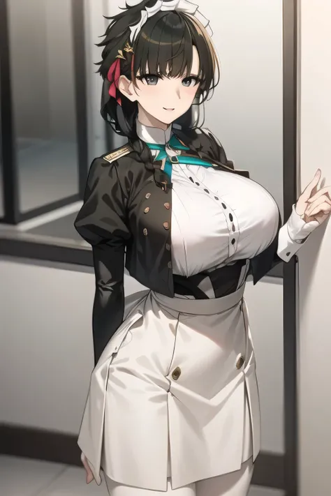 Maid Outfitを着た女性を描けますか,women with nice smiles,Maid Outfit,I am alone,Inside the building,Can you draw a person standing at the front door, white and black uniform,Women with Adorable Smiles, Black Haired Woman,Please draw more delicately,, Maid Outfit ,,...