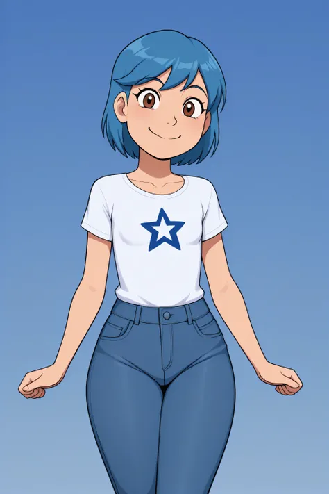 a 25 years old adult femboy, short sky blue hair, brown eyes, small breasts almost flat chest, wearing a plain white tshirt with blue star logo and blue denim pants, curvy body, thick thighs, cute smile, sexy pose. 8K ultra HD, high quality, 2d cartoon sty...