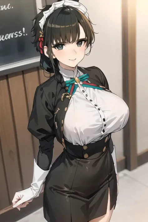 Can you draw a woman smiling according to her gaze，Maid Outfitを着た女性を描けますか，Adorable Smiling Woman たち，Maid Outfit，I am alone，Inside the building，can you draw a person standing at the front door，    white and black uniform，Adorable Smiling Woman  ， Black Hair...