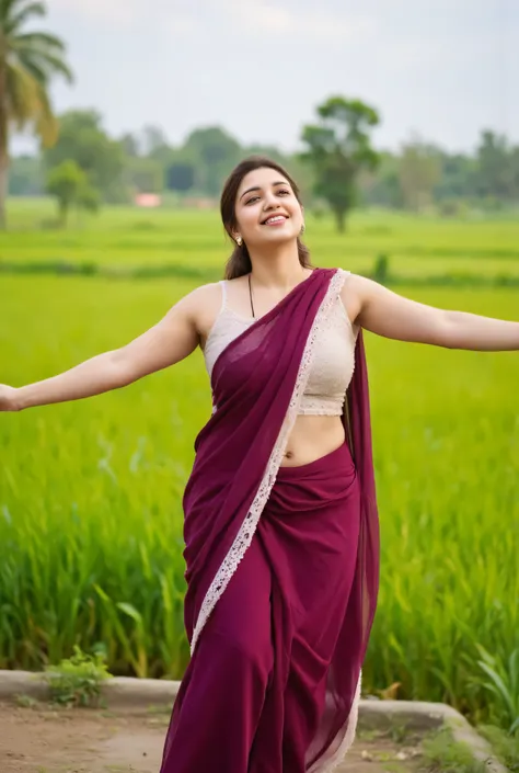 Indian beautiful woman full length photo , in maroon saree and white sleevelees blouse, hands spread out as if flying , enjoying the beauty of nature, happy expression, scenic paddy fields of thailand