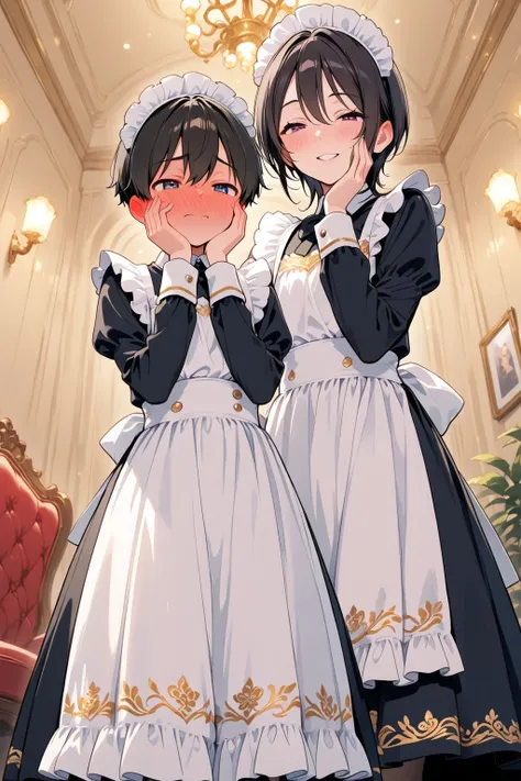 slightly low angle, height difference, teenage boy standing, short hair, flat chest, crossdressing, wearing special navy maid outfit, maid headdress, apron with gold embroidery, pumps, half-closed eyes, adoring gaze, full-face blush:1.3, ear blush, nose bl...