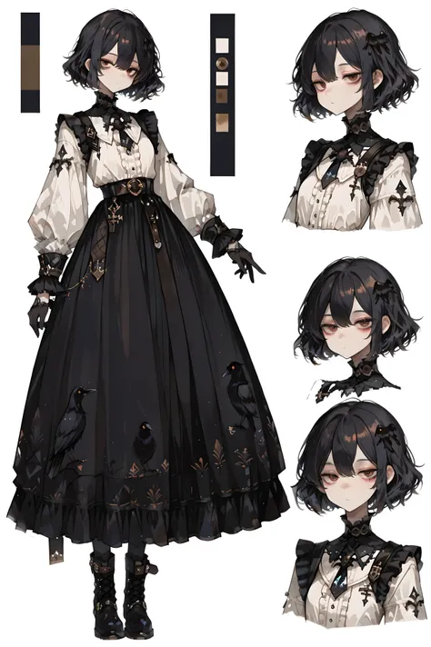 1 girl,, masterpiece, best quality,Crow-themed clothes, black long skirts, white shirts,black boots,belt decoration, character sheet, front view,white background, short hair, black hair, delicate eyes, detailed face,Brown eyes, black gloves,Long sleeves, f...