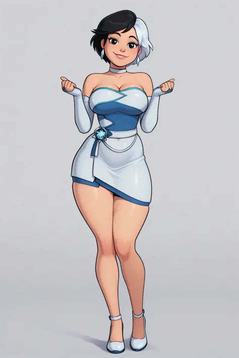 Luna snow, tall, black eyes, big breasts and white shoes, curvy body, thick thighs, cute smile, sexy pose. 8K ultra HD, high quality, 2d cartoon style, front view, dynamic pose 