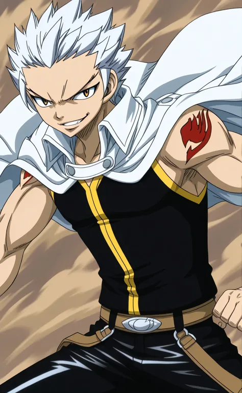 1male,solo,Ryuga,silver hair,short hair,yellow eyes,smirk,white cape,black toptank,leather pants,Fairy Tail Style