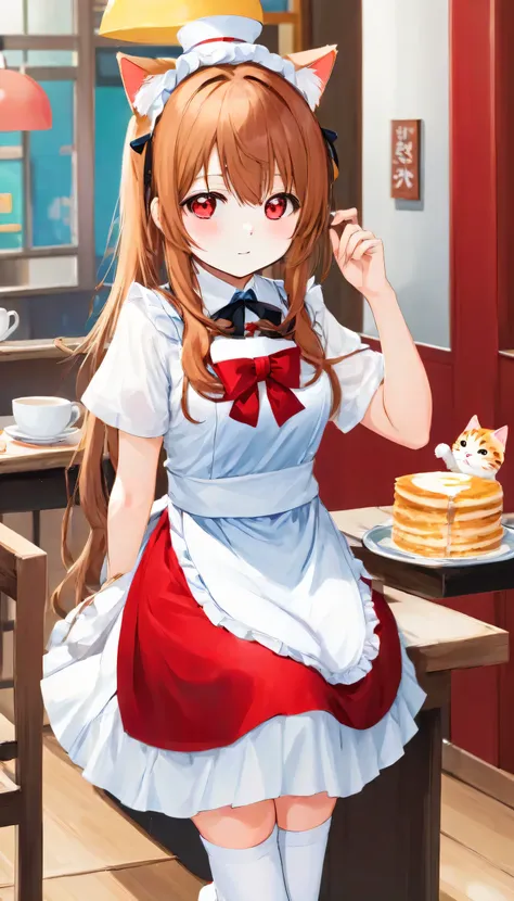 high resolution images in front of the teacher,The cat's maid、wears white and red maid clothes、striped tiger cat。Working at a maid cafe 