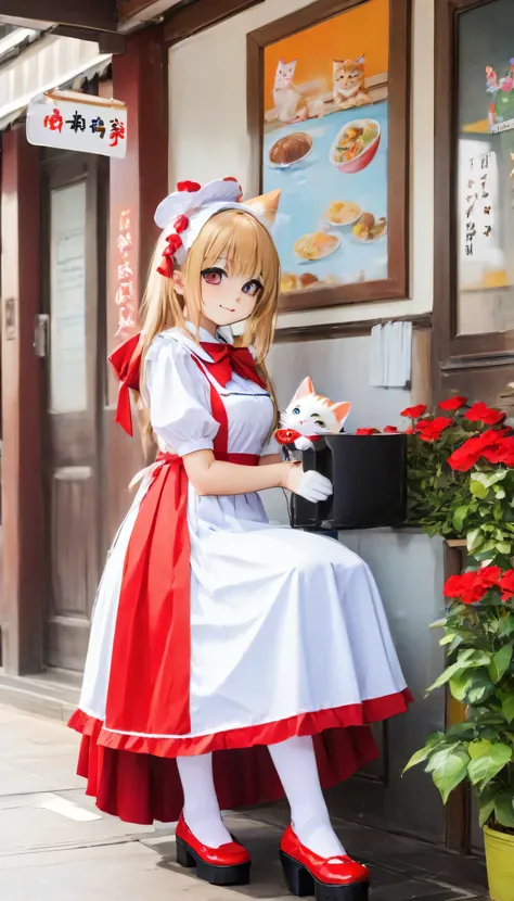 high resolution images in front of the teacher,The cat's maid、wears white and red maid clothes、striped tiger cat。Working at a maid cafe
