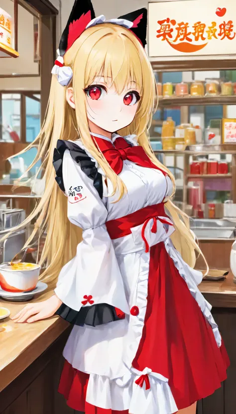 high resolution images in front of the teacher,The cat's maid、wears white and red maid clothes、striped tiger cat。Working at a maid cafe