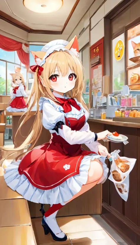 high resolution images in front of the teacher,The cat's maid、wears white and red maid clothes、striped tiger cat。Working at a maid cafe