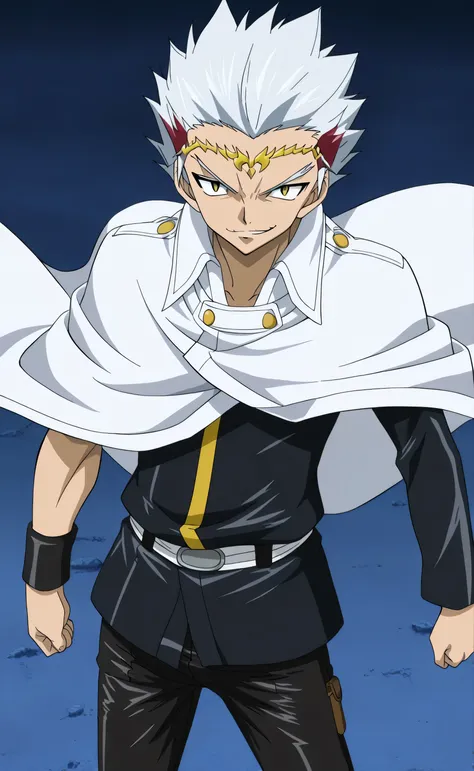 1male,solo,Ryuga,silver hair,short hair,yellow eyes,smirk,white cape,black toptank,leather pants,Fairy Tail Anime Style
