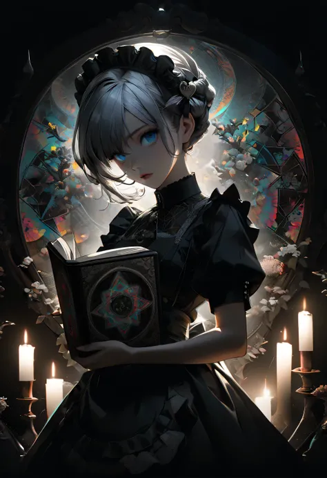 ((masterpiece, dark color tones, film grain, lady maid)), ((yoneyama artstyle)), lace_apron, black_uniform, cold chilling aura, braided_hair, poisonous tea set, soft_lighting, ambient lighting, floral_frame, graceful stance, lovely, holding an ancient curs...