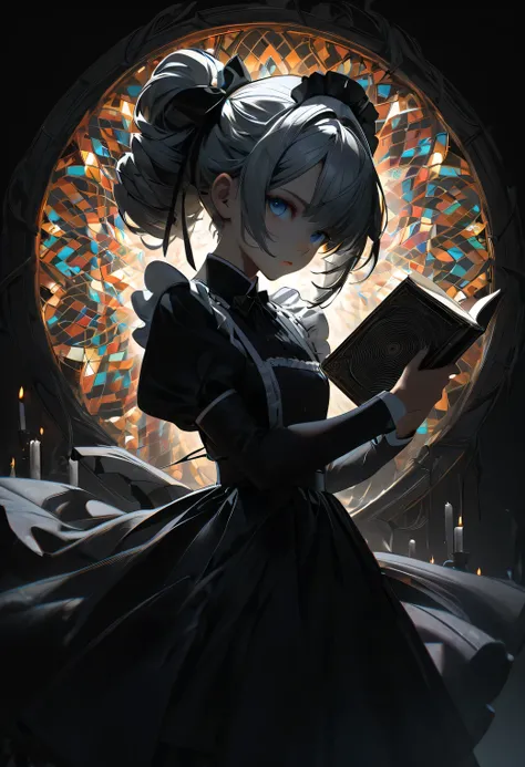 ((masterpiece, dark color tones, film grain, lady maid)), lace_apron, black_uniform, cold chilling aura, braided_hair, poisonous tea set, soft_lighting, ambient lighting, floral_frame, graceful stance, lovely, holding an ancient cursed book, soft candlelig...