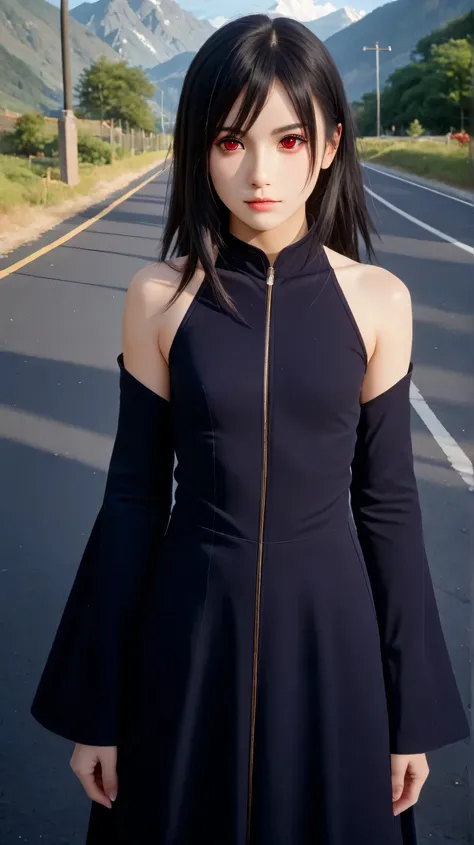 1girl, solo,hikari uchiha,black hair,long hair,outdoors,potrait,(wear lady knight outfit:1.5),small breast,mountain background,red eyes,street background,(standing on road:1.5),(close up:1.3),(front view), looking at viewer,bare shoulders
