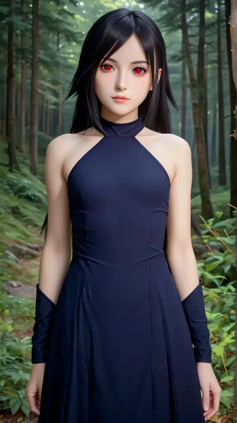 1girl, solo,hikari uchiha,black hair,long hair,outdoors,potrait,(wear lady knight outfit:1.5),small breast,mountain background,red eyes,forest background,(standing on forest:1.5),(close up:1.3),(front view), looking at viewer,bare shoulders