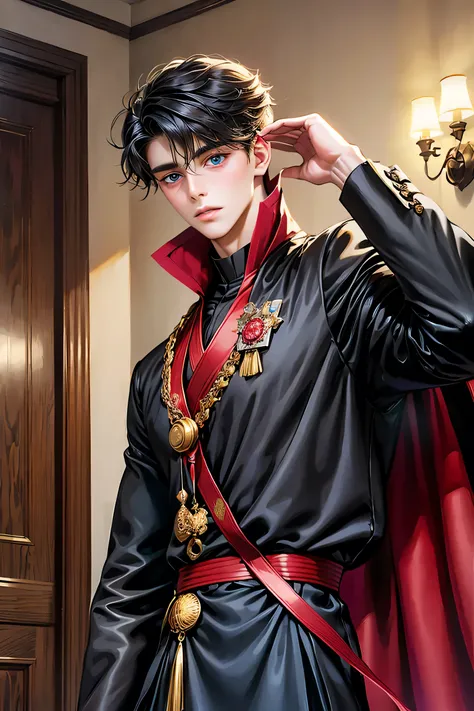 masterpiece, 最 high definition photo cropped from the side , high definition photo cropped from the side , 1. , solo, For men , upper body, Beautiful Eyes Staring at the Audience , disheveled black hair , Adorable big blue eyes, ...