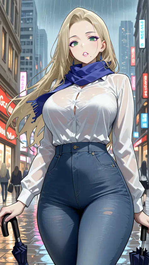 score_9, score_8_up, score_7_up, 1lady, KJOsayo, perfect eyes, perfect face, long hair, blonde hair, green eyes, mole under mouth, purple eyeliner, large breasts, perfect attractive curvy slim body, charming beauty, gorgeous body shapes, big hips, thick th...