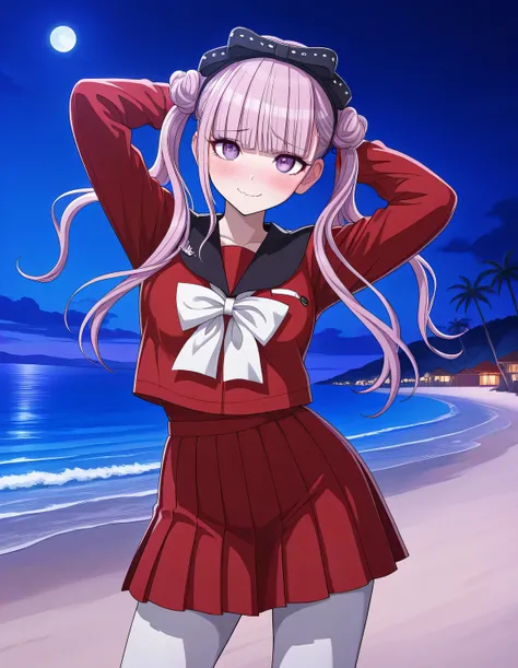 kako, pink hair, purple eyes, twintails, double bun, bow, blunt bangs, red serafuku, black sailor collar, red skirt, white pantyhose, game cg, high quality, closed mouth, solo, cowboy shot, night sky, beach, hands behind head, ((contrapposto)), looking at ...
