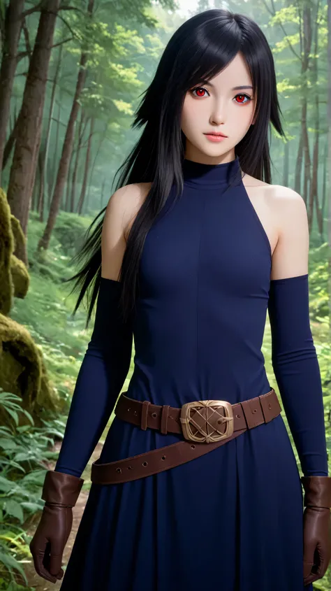1girl, solo,hikari uchiha,black hair,long hair,outdoors,potrait,(wear lady knight outfit:1.5),small breast,mountain background,red eyes,forest background,(standing on forest:1.5),(close up:1.3),(front view), looking at viewer,bare shoulders,glove,sword bel...