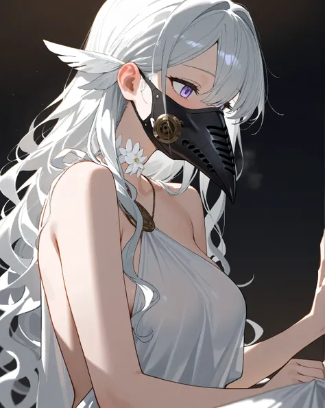 girls, (((Super Masterpiece))), (((super precise)))the girls's head rests on a thin bright hand,  long white wavy hair, feathers growing from the back of her neck、white flowers blooming on both sides. wrapped in white cloth like a Greek, , There is a black...