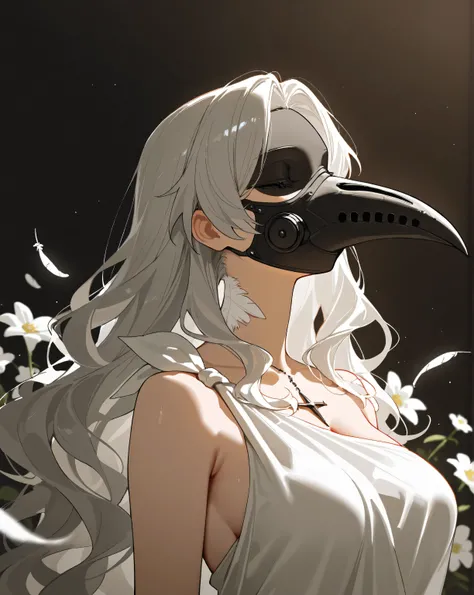 girls, (((Super Masterpiece))), (((super precise)))the girls's head rests on a thin bright hand,  long white wavy hair, feathers growing from the back of her neck、white flowers blooming on both sides. wrapped in white cloth like a Greek, , There is a black...