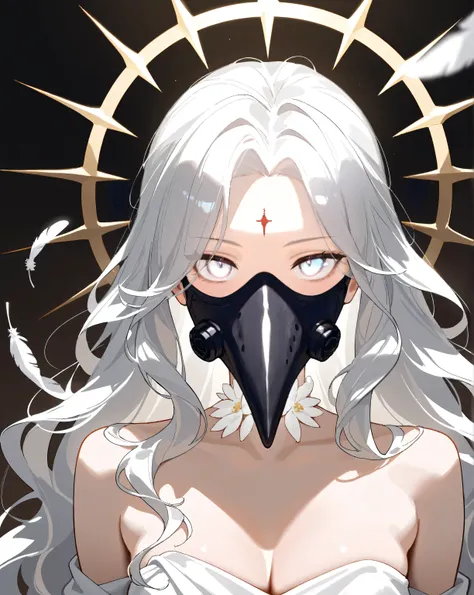 girls, (((Super Masterpiece))), (((super precise)))the girls's head rests on a thin bright hand,  long white wavy hair, feathers growing from the back of her neck、white flowers blooming on both sides. wrapped in white cloth like a Greek, , There is a black...