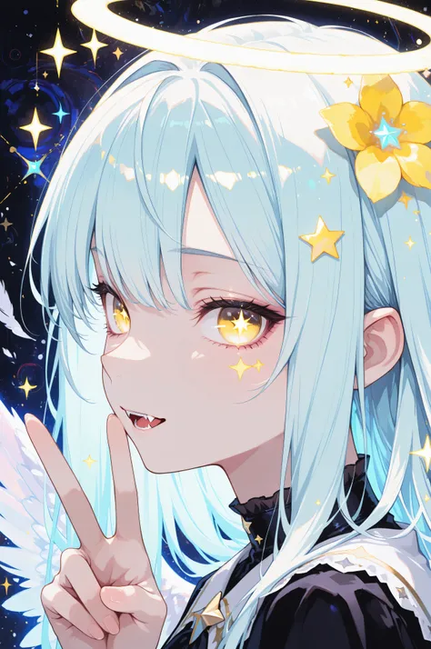 masterpiece, best quality, gothic aesthetic, best detail, absurdres, angelic, close-up portrait, side view, Light golden Eyes, light blue long hair, smooth hair, yellow Flowers, vampire angel, star eyes, golden eyes, abstract, vampire fangs, halo, wings, ...