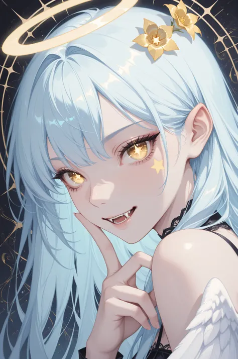 masterpiece, best quality, gothic aesthetic, best detail, absurdres, angelic,  close-up portrait, side view, Light golden Eyes, light blue long hair, smooth hair, yellow Flowers, vampire angel, star eyes, golden eyes, abstract, vampire fangs, halo, wings, ...