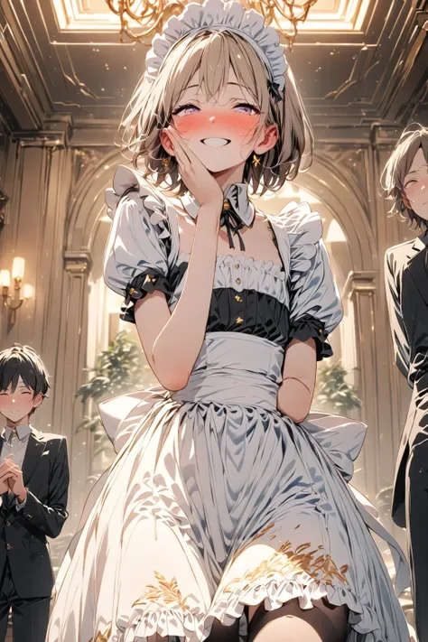 slightly low angle, slightly height difference, teenage male boy standing, very short hair, flat chest, crossdressing, wearing maid outfit, maid headdress, apron with gold embroidery, half-closed eyes, adoring gaze, full-face blush:1.3, ear blush, nose blu...
