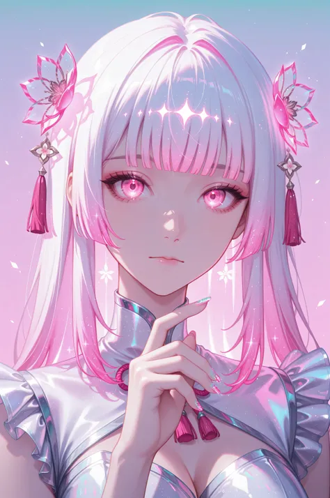 woman, solo, holofoil nails, looking at viewer, holographic, holofoil glitter, glowing, bangs, pink eyes, long hair, neon hair, glowing hair, hair ornament, hand up, flower, blunt bangs, closed mouth, tassel, ribbon, portrait, ethereal, pastel gradient bac...