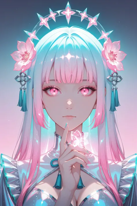 woman, solo, holofoil nails, looking at viewer, holographic, holofoil glitter, glowing, bangs, pink eyes, long hair, neon hair, glowing hair, hair ornament, hand up, flower, blunt bangs, closed mouth, tassel, ribbon, portrait, ethereal, pastel gradient bac...
