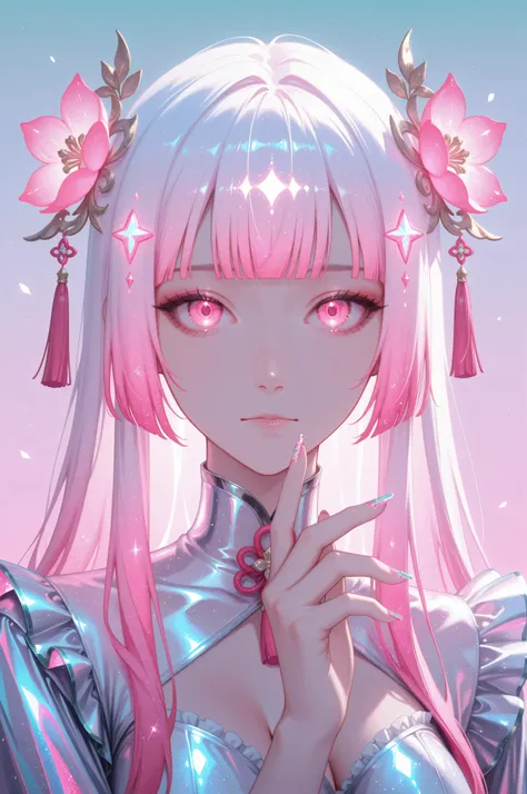 woman, solo, holofoil nails, looking at viewer, holographic, holofoil glitter, glowing, bangs, pink eyes, long hair, neon hair, glowing hair, hair ornament, hand up, flower, blunt bangs, closed mouth, tassel, ribbon, portrait, ethereal, pastel gradient bac...
