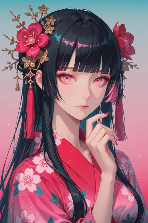 woman, solo, ethereal, crystal red nails, looking at viewer, bangs, pink eyes, long hair, black hair, hair ornament, hand up, flower, blunt bangs, closed mouth, tassel, ribbon, portrait, colorful, gradient background, floral yukata, multicolored hair, uppe...