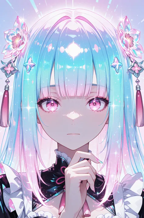 woman, solo, holofoil nails, looking at viewer, holographic, holofoil glitter, glowing, bangs, pink eyes, long hair, neon hair, glowing hair, hair ornament, hand up, flower, blunt bangs, closed mouth, tassel, ribbon, portrait, ethereal, pastel gradient bac...